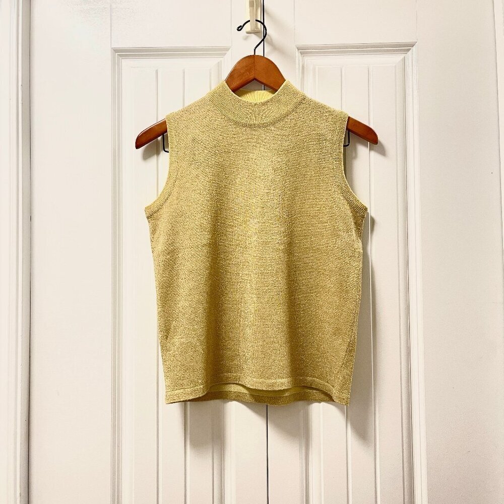 Vintage Sparkly Tinsel Knit Sleeveless Top Gold Yellow  – S